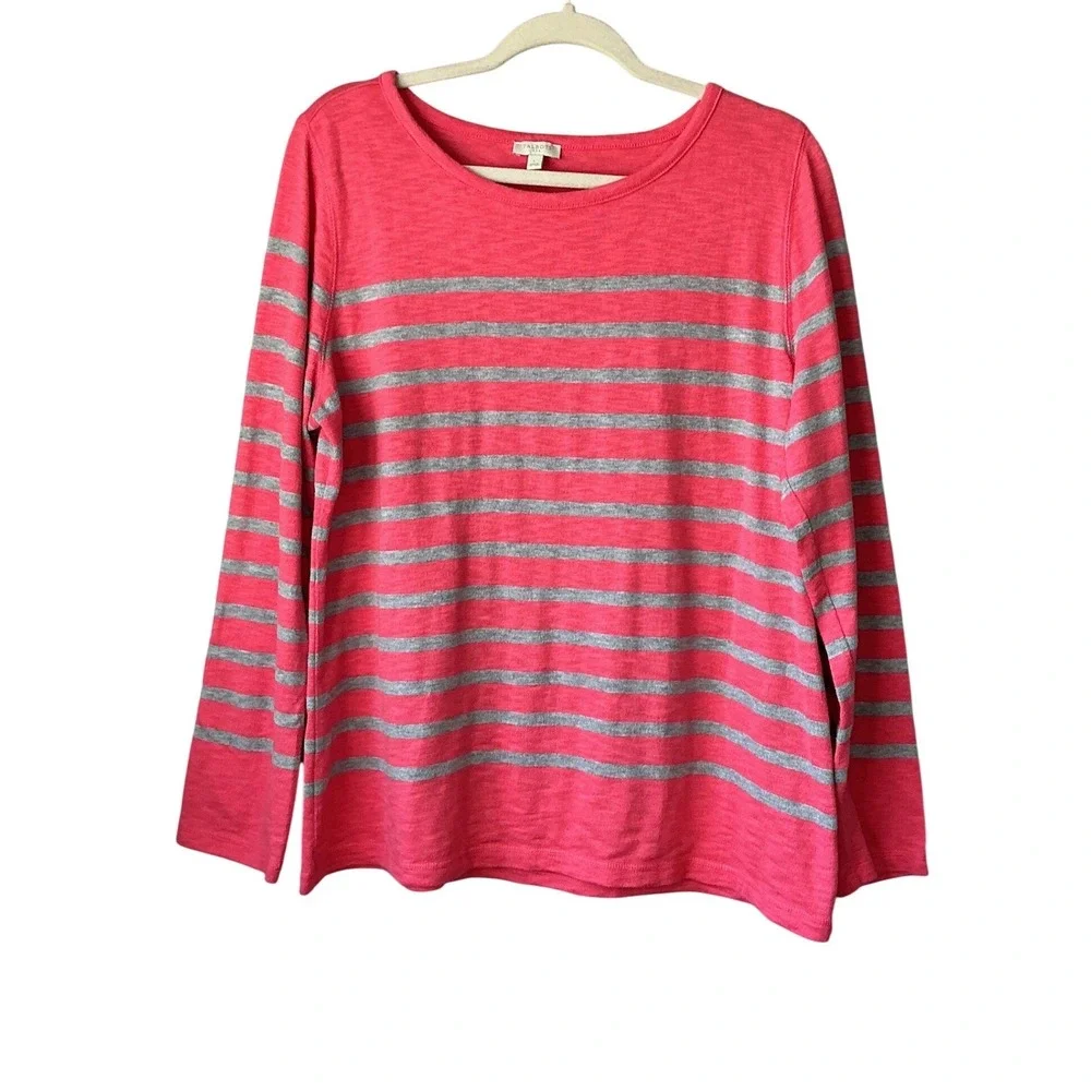 Talbots Womens Coral Pink Grey Striped Long Sleeve Cotton Blend Knit Sweater  Lg